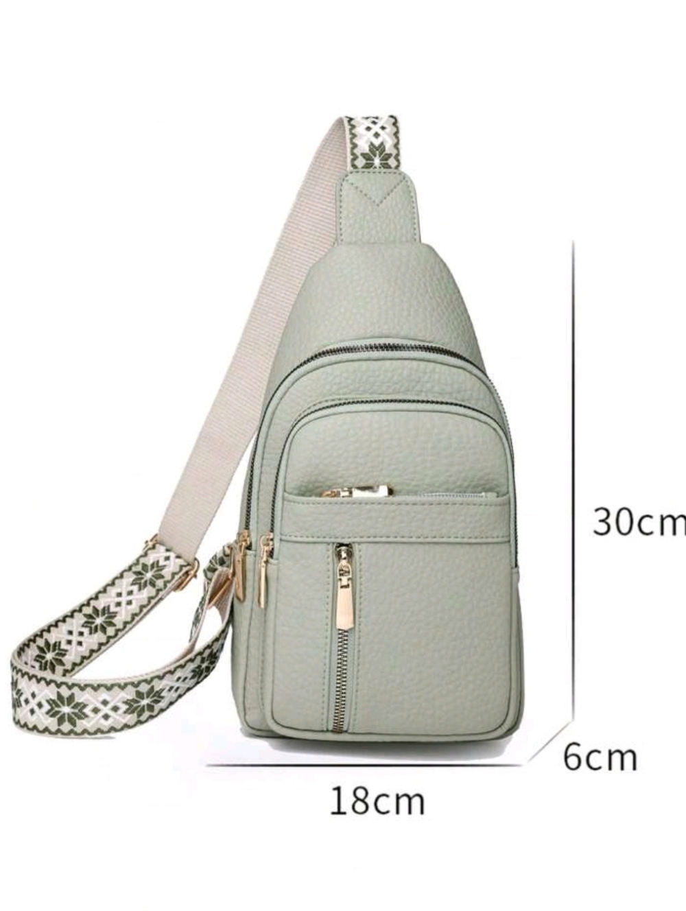 Sling Crossbody Bag in Sage Green with Patterned Strap - Picture 2 of 4